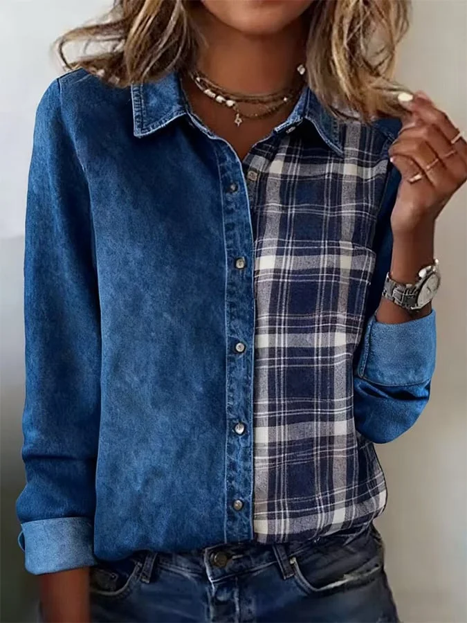 Women's Long Sleeve Shirt Spring/Fall Blue Faux Denim Print Graphic Buckle Shirt Collar Regular Sleeve Daily Going Out Casual Top