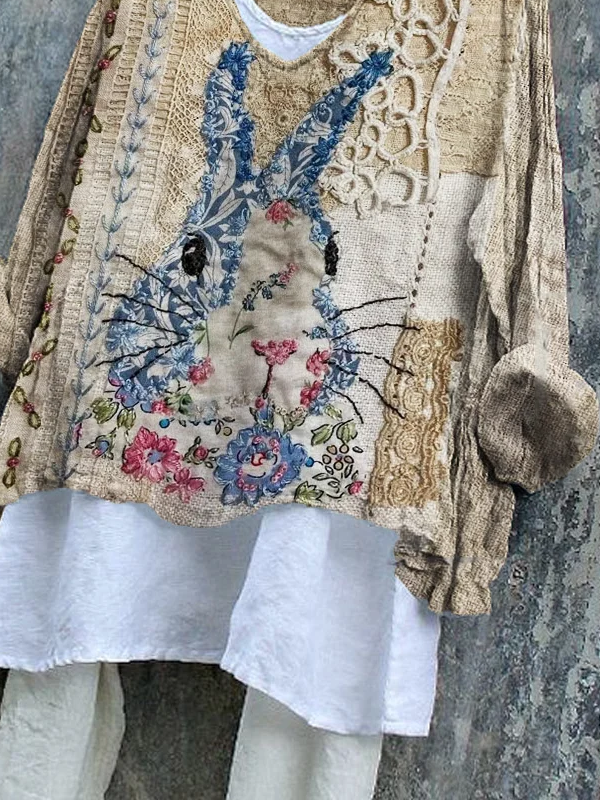 Women's Long Sleeve Blouse Spring/Fall As Picture Easter (rabbit) Printing V Neck Daily Going Out Casual Top
