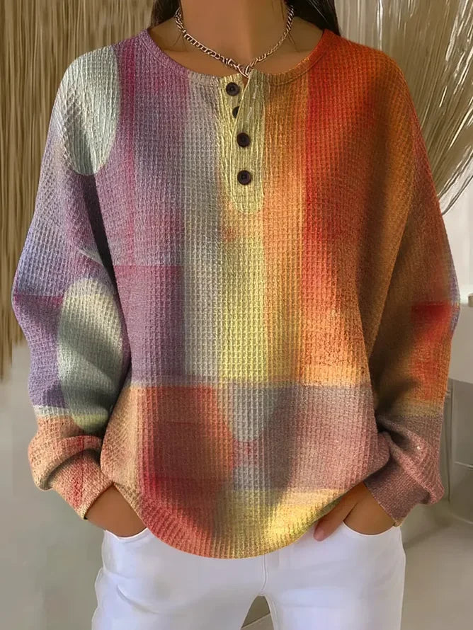Women's Abstract Print Button-Up Casual Waffle Knit Sweatshirt