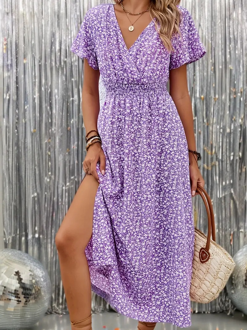 Floral Printed V Neck Short Sleeve Smock Detail Spring Summer Casual Maxi Dress