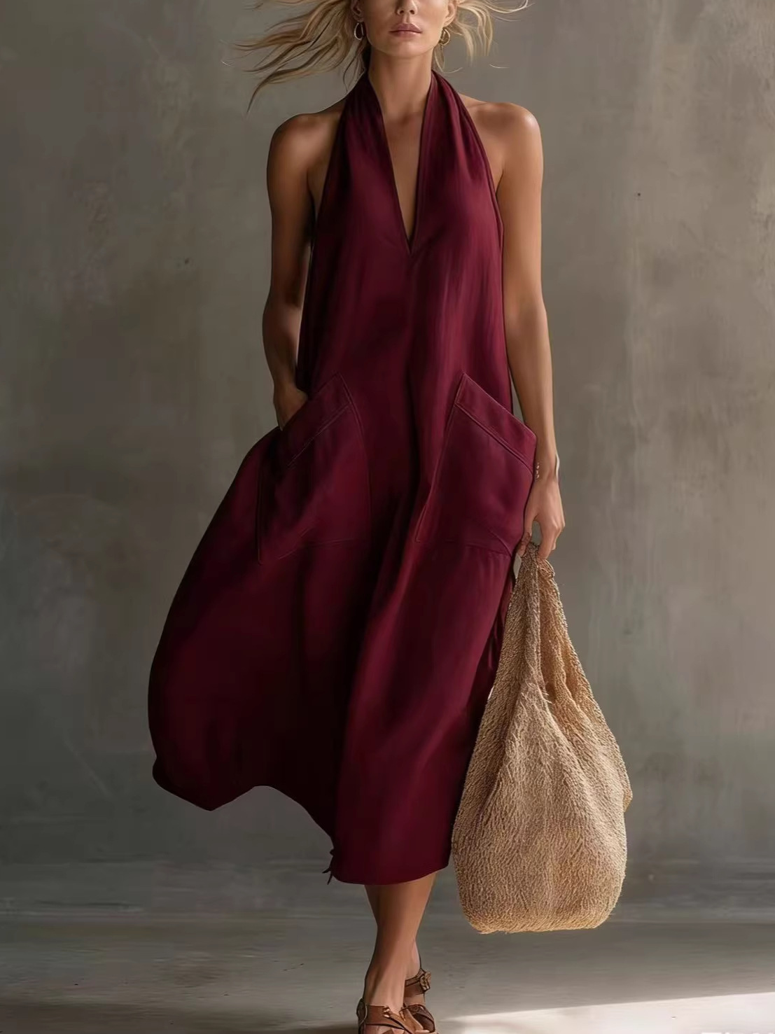 Casual Plain V Neck Midi Dress