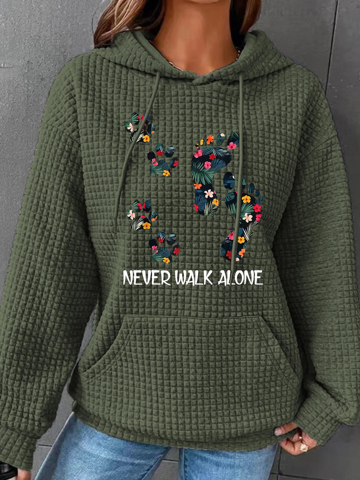 Never Walk Alone Paw Dog Flower Simple Loose Hoodie