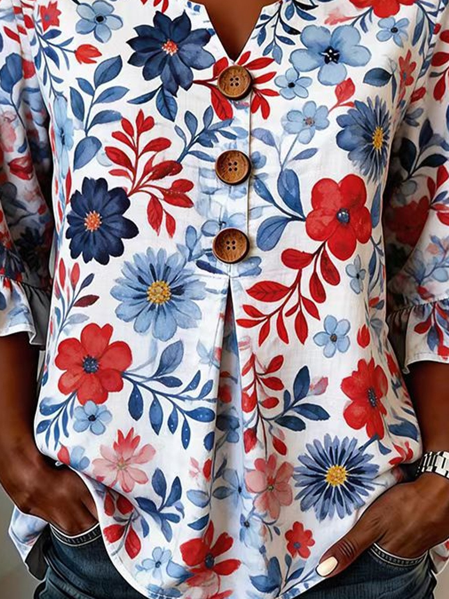 Polyester Cotton Floral V Neck Button Short Ruffle Sleeve Casual Top