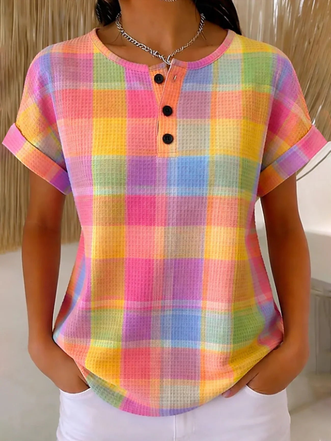 Women's Short Sleeve T-shirt Summer As Picture Plaid Printing Crew Neck Daily Going Out Vintage Top