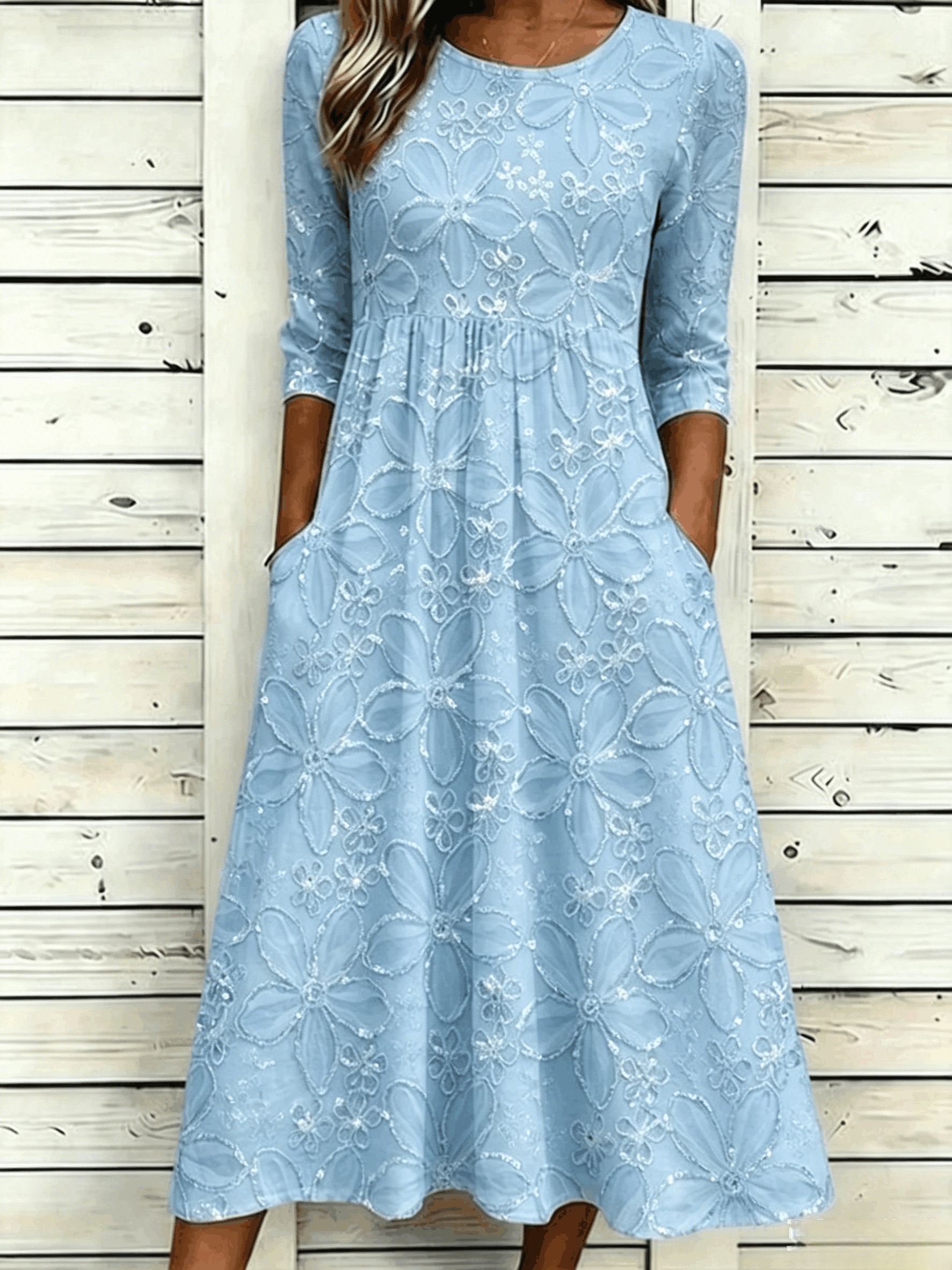 Daisy Floral Sequin Print Casual A-Line Midi Dress