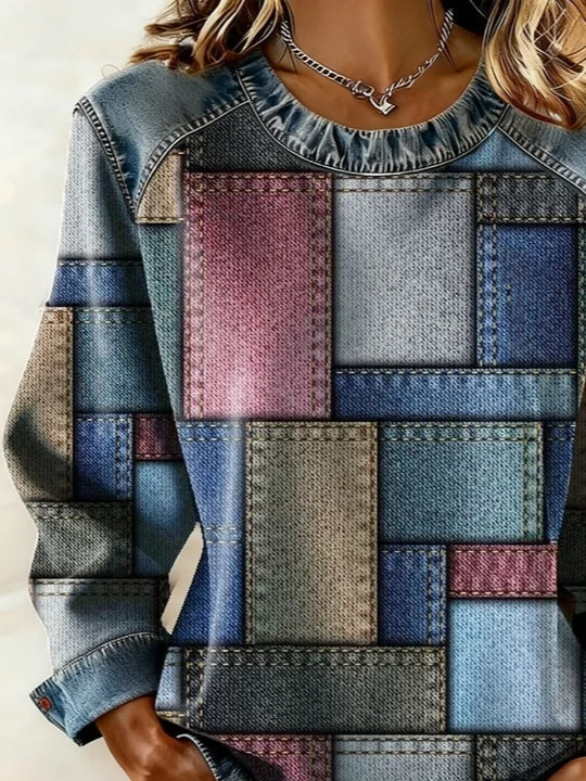 Women's Abstract Print Patchwork Denim Crewneck Long-Sleeved Sweatshirt