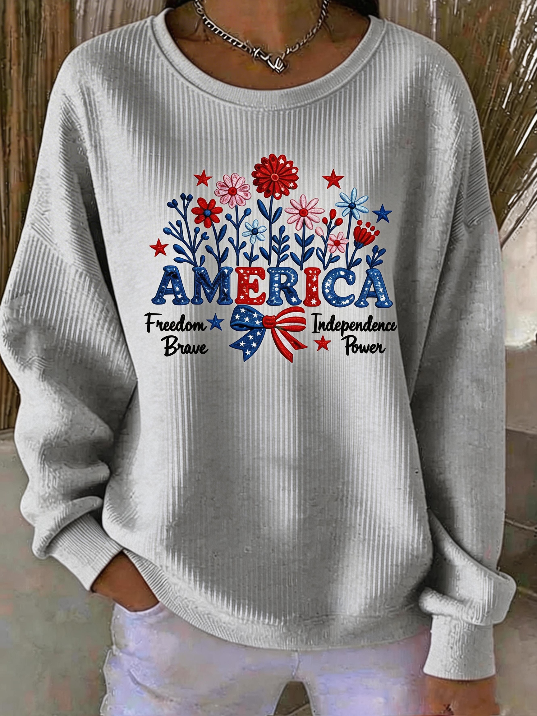 Patriotic Floral 'AMERICA' Ribbed Sweatshirt