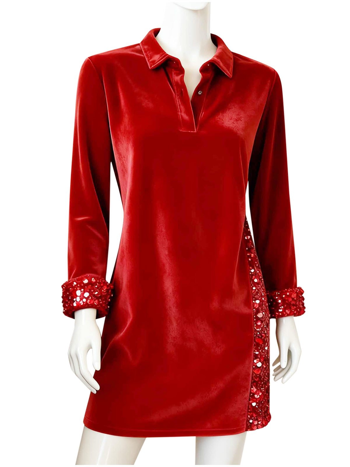 Women's Long Sleeve Spring/Fall Red Plain Split Joint Shawl Collar Daily Going Out Vintage Midi A-Line Fit & Flare Dress Dress