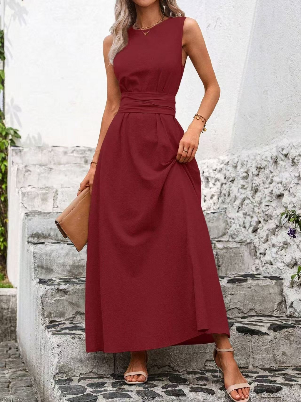 Elegant Plain Sleeveless Crew Neck Wrinkle Maxi Dress
