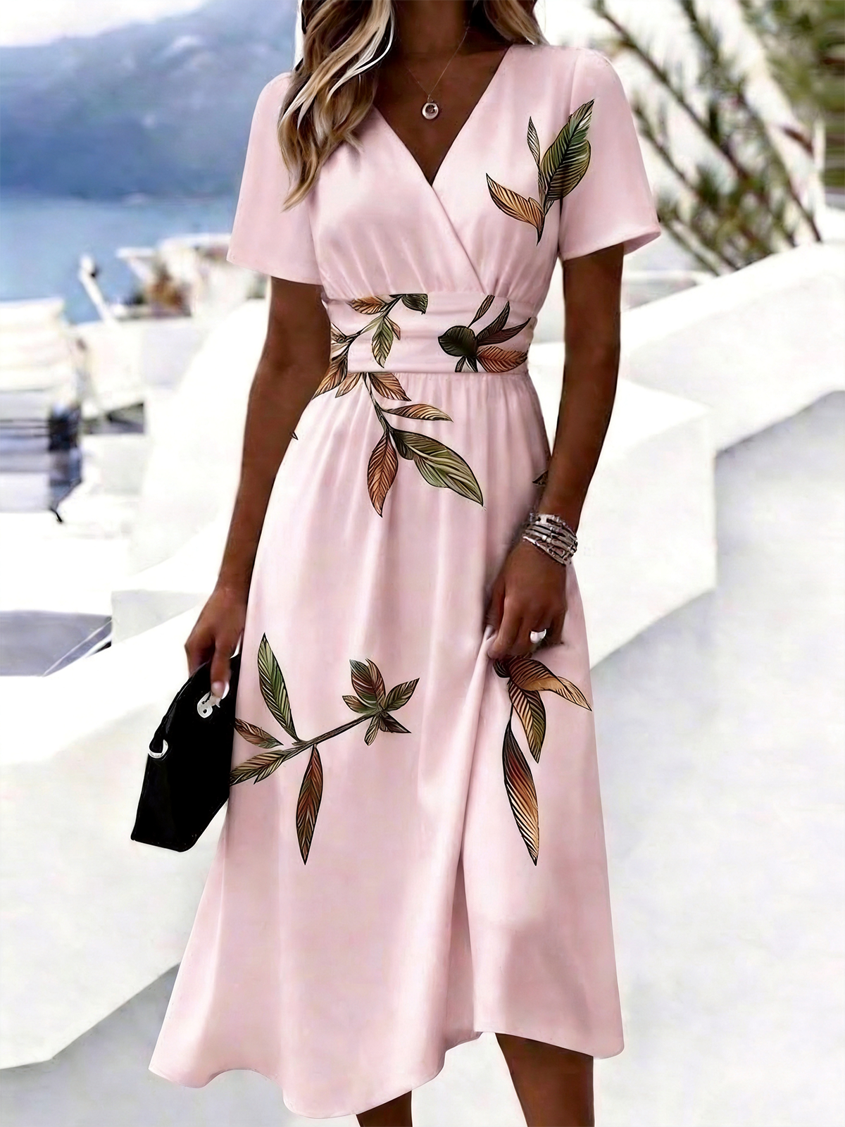 Women's White Midi Dress Green Brown Leaf Print Short Sleeve V Neck High Waist A-Line Casual Dress