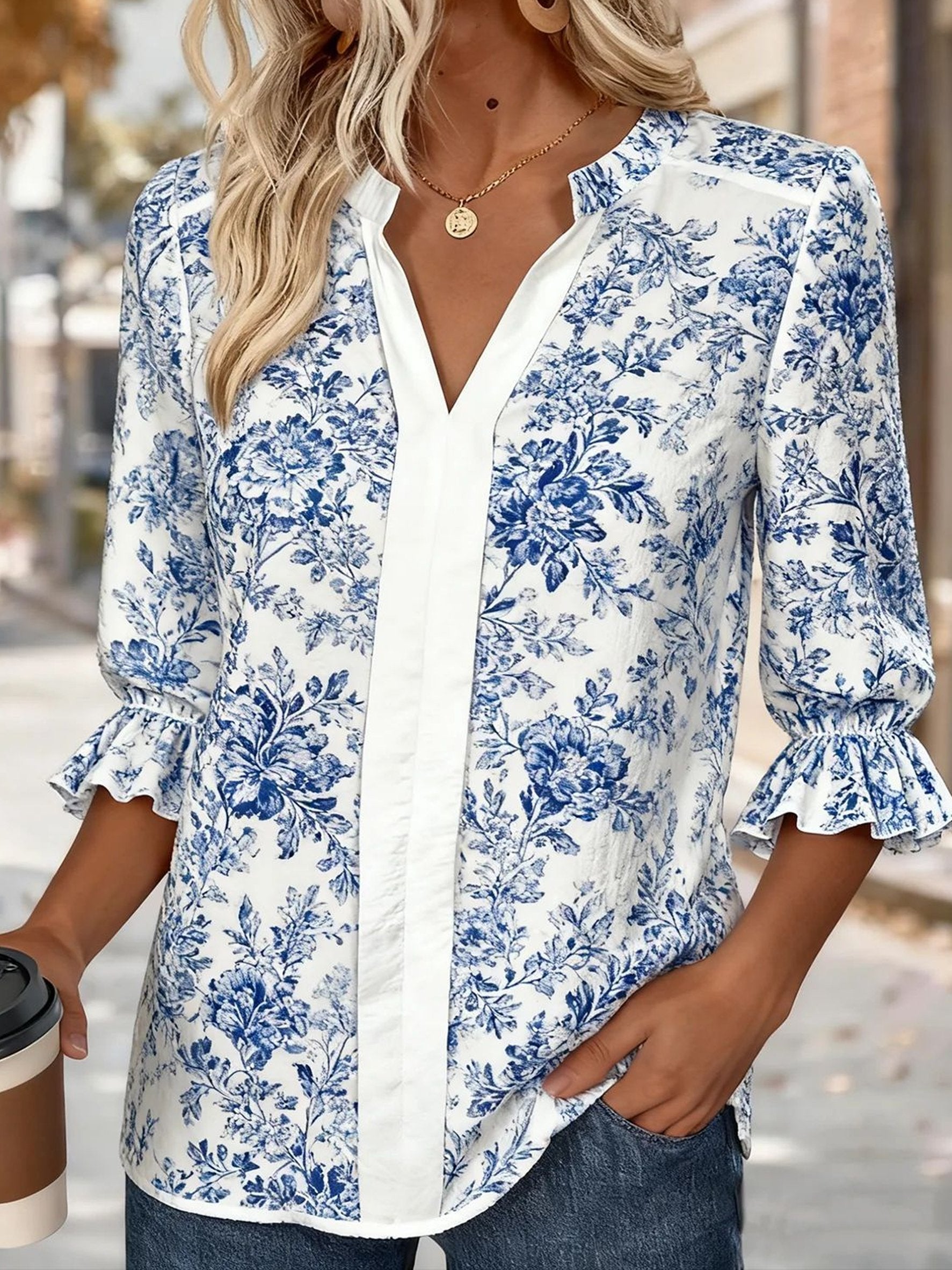 Blue Floral V Neck Ruffle Summer Going Out Casual Top