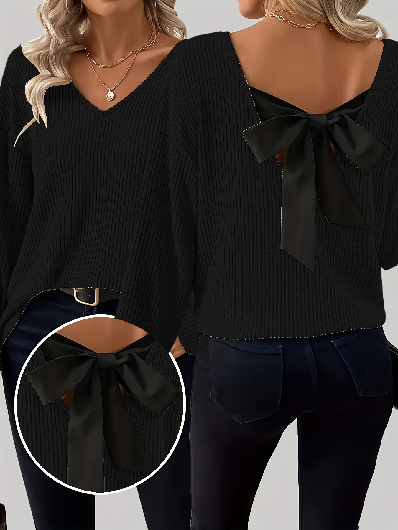 Elegant Plain Bow V Neck Blouse