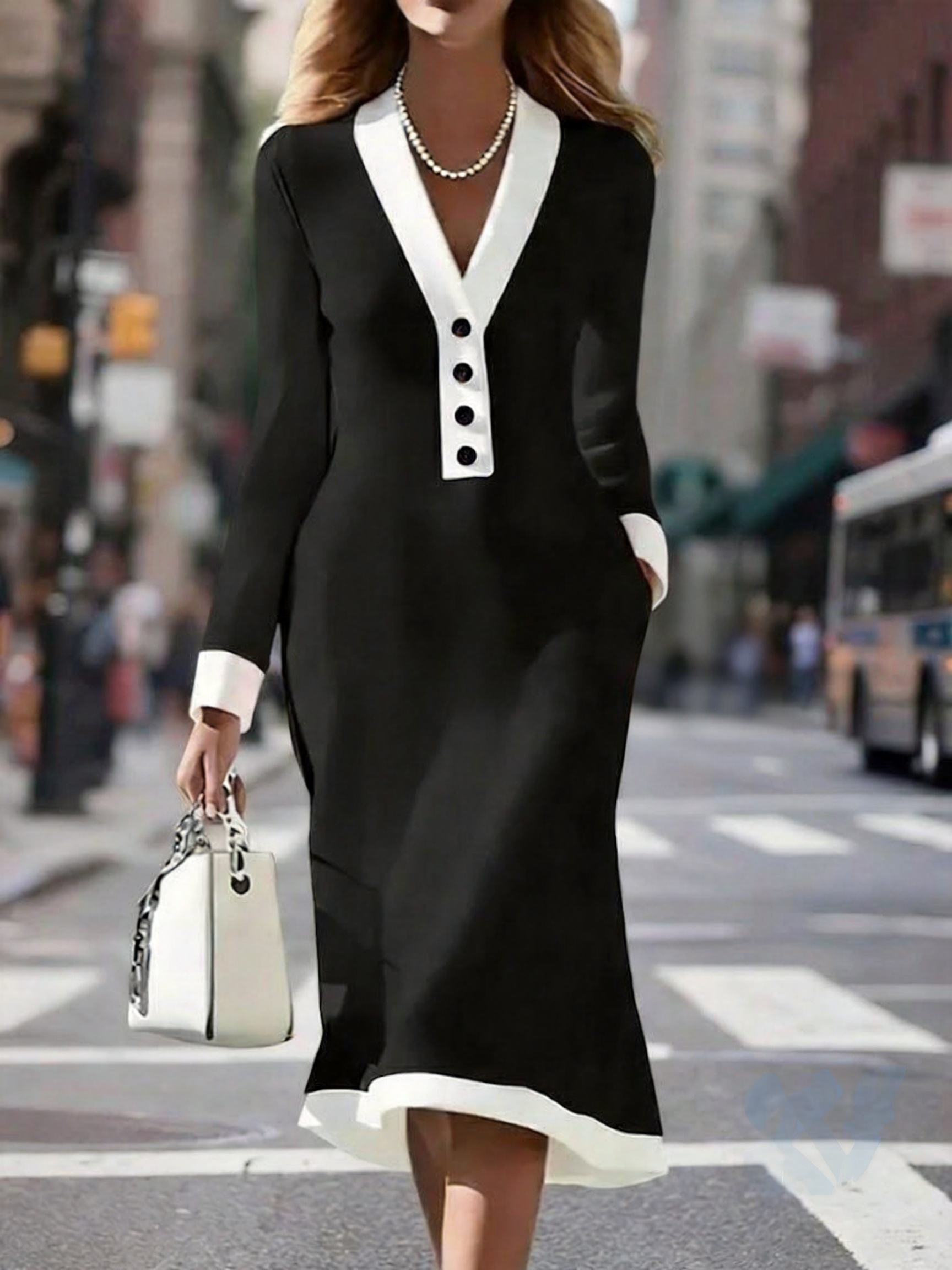 Women's Black Long Sleeve White Trim V Neck Midi Dress Elegant Bodycon Dress