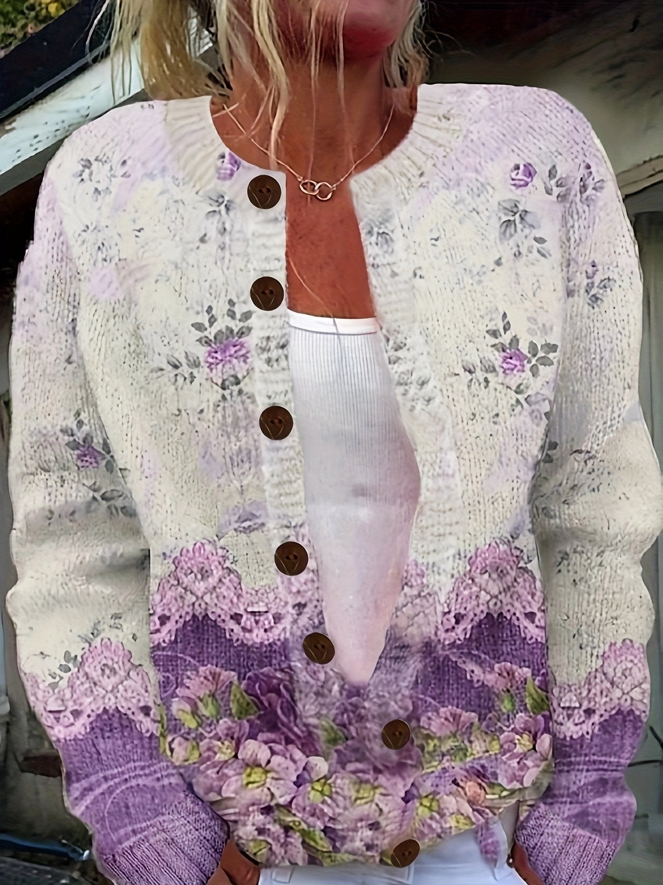 Women's Floral Print Cardigan White Multicolor Flower Print Long Sleeve Button Down Knit Jacket