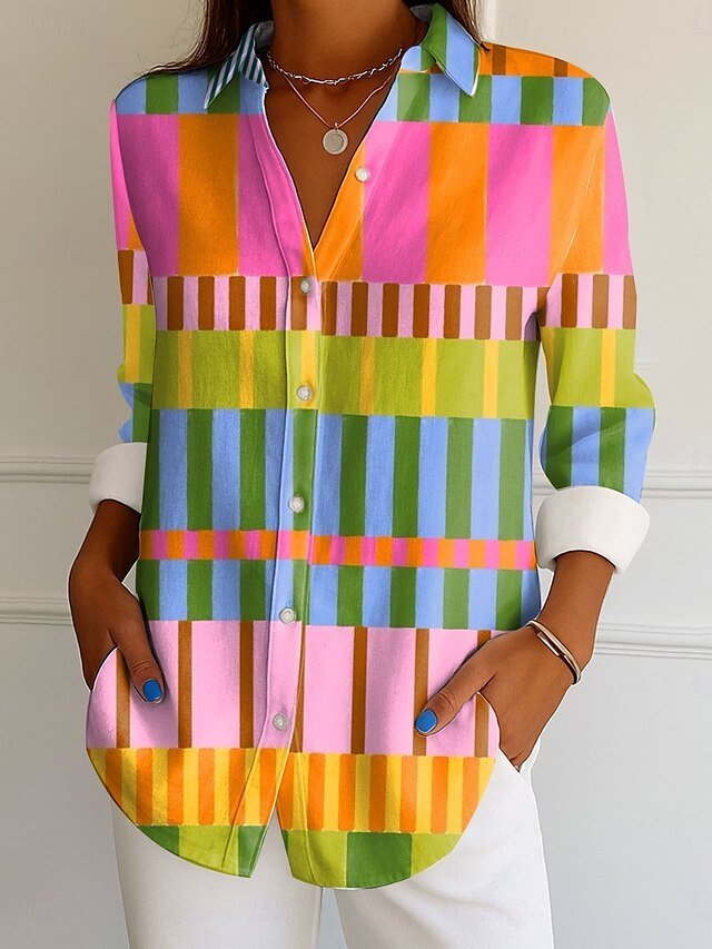 Casual Geometric Cotton V Neck Shirt