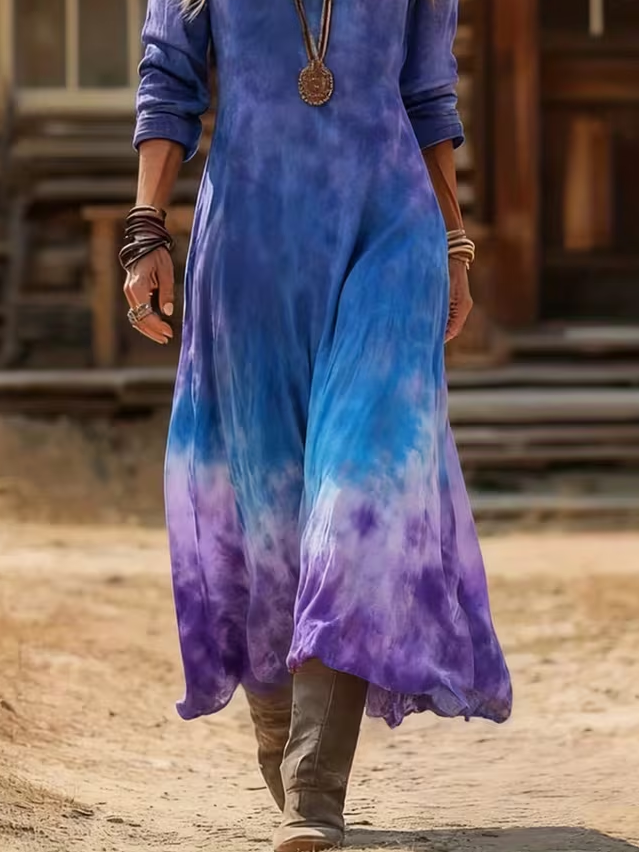 Women's Long Sleeve Spring/Fall Purple Ombre Printing V Neck Daily Going Out Vintage Maxi H-Line Dress