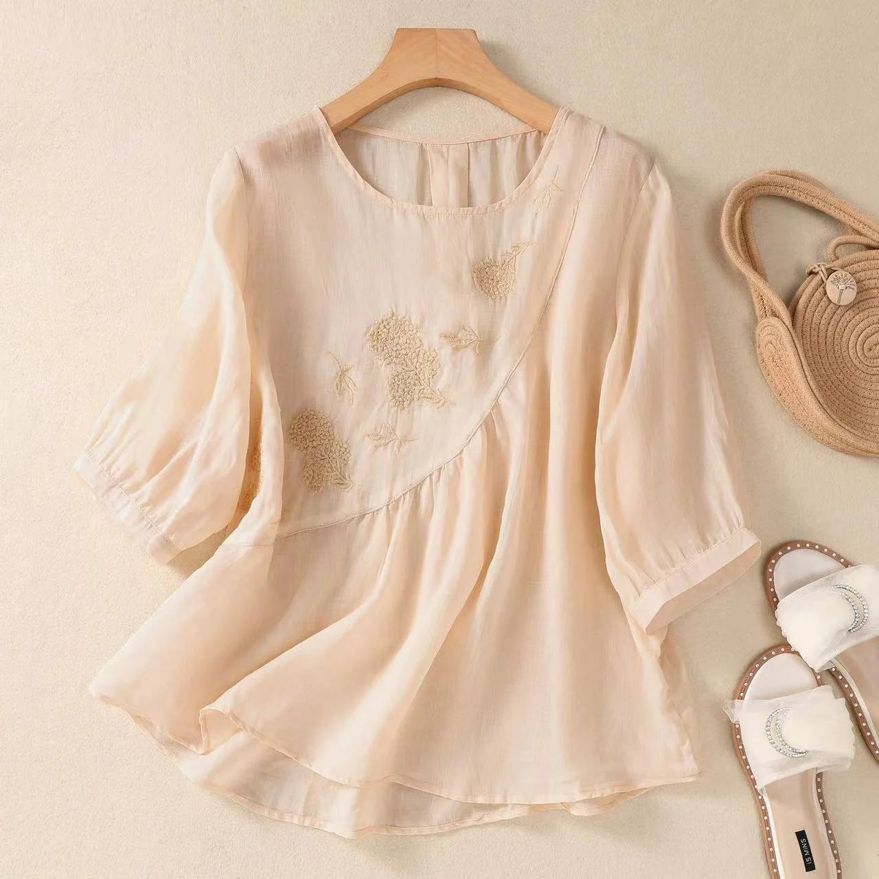 Cotton Plain Casual Crew Neck Blouse
