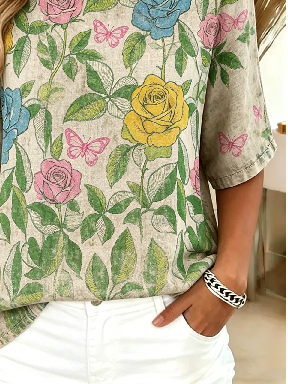 Loose Casual Floral Cotton-Blend T-Shirt