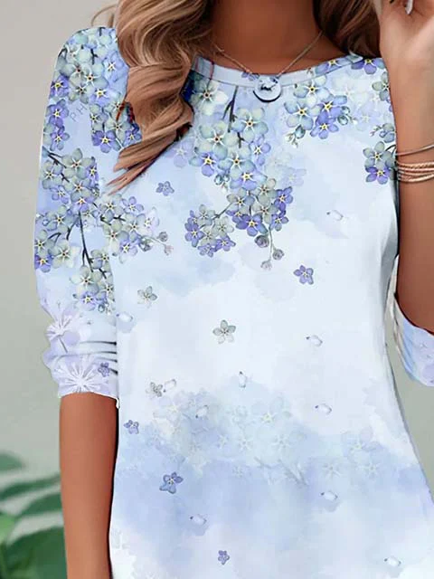 Women's Long Sleeve T-shirt Spring/Fall Blue Floral Printing Jersey Crew Neck Daily Going Out Casual Top