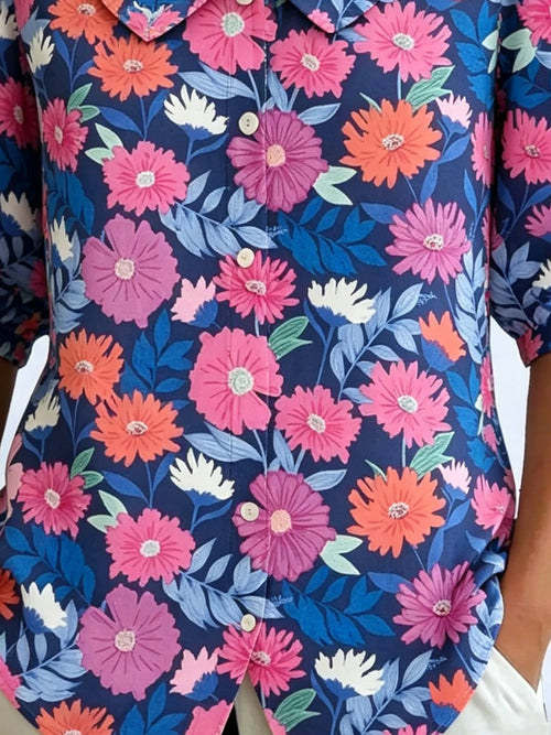 3D Printing Linen Blend Colorful Floral Shawl Collar Button Loose Casual Shirt