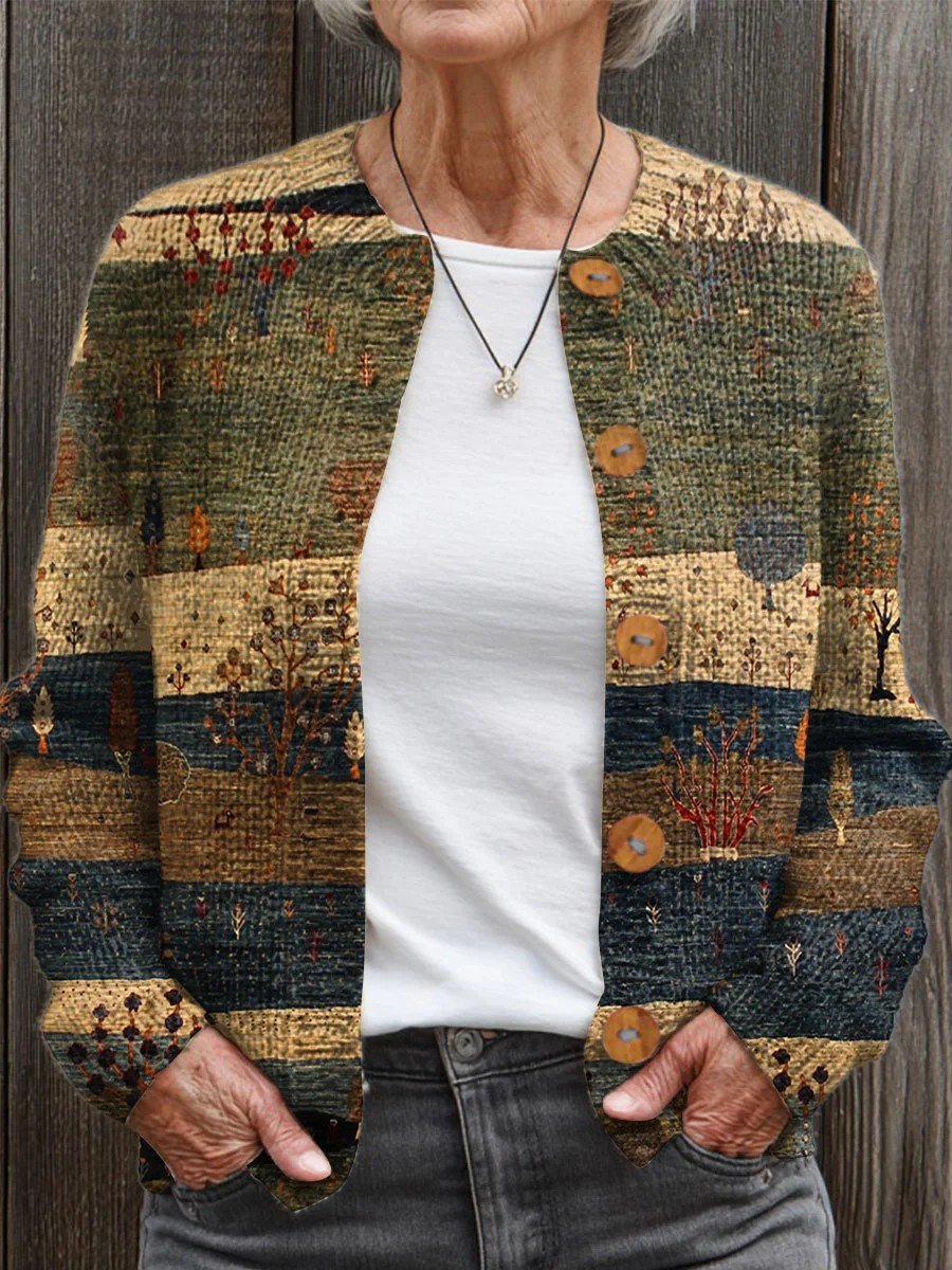 Crew Neck Vintage Gradient Pattern Cardigan