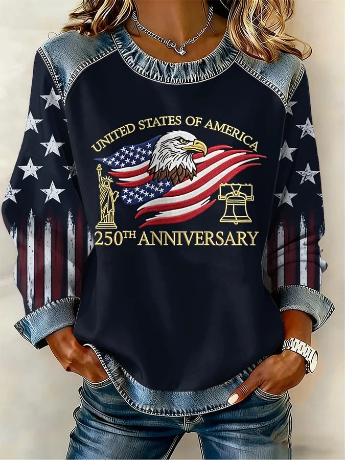 Women's American Independence Day Print Patchwork Denim Crewneck Long-Sleeved Sweatshirt