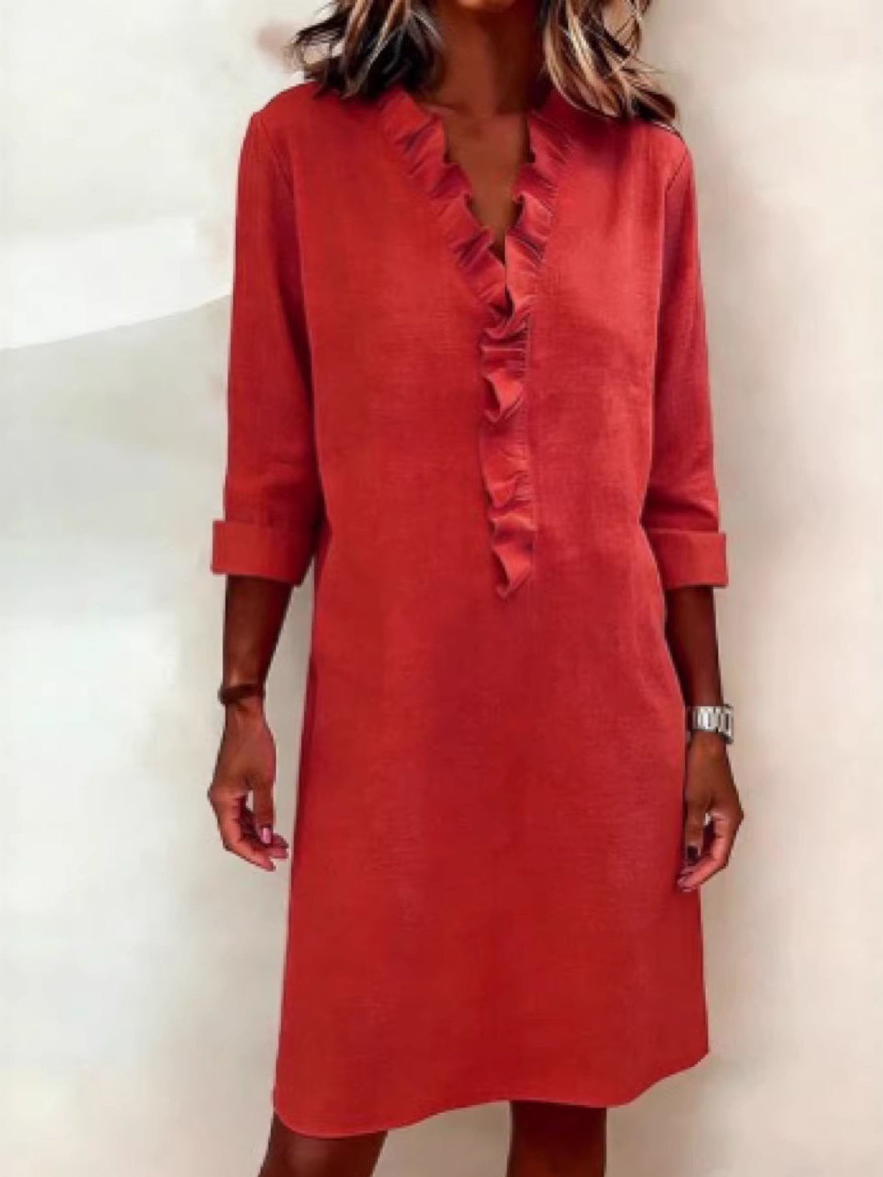 Casual Plain Cotton Blend Half Sleeve Ruffle Detail V Neck Going Out Elegant Shirt Dress