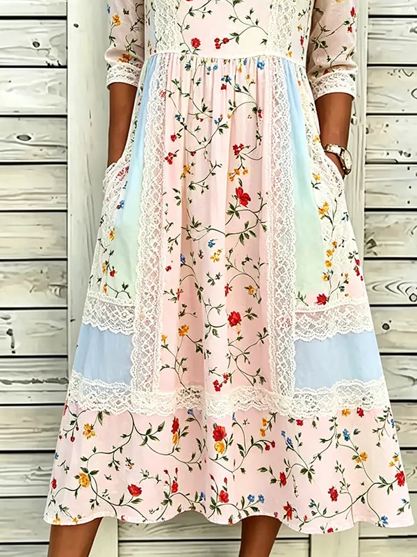 Women's Half Sleeve Summer Pink Floral Printing Crew Neck Daily Going Out Casual Maxi H-Line Dress