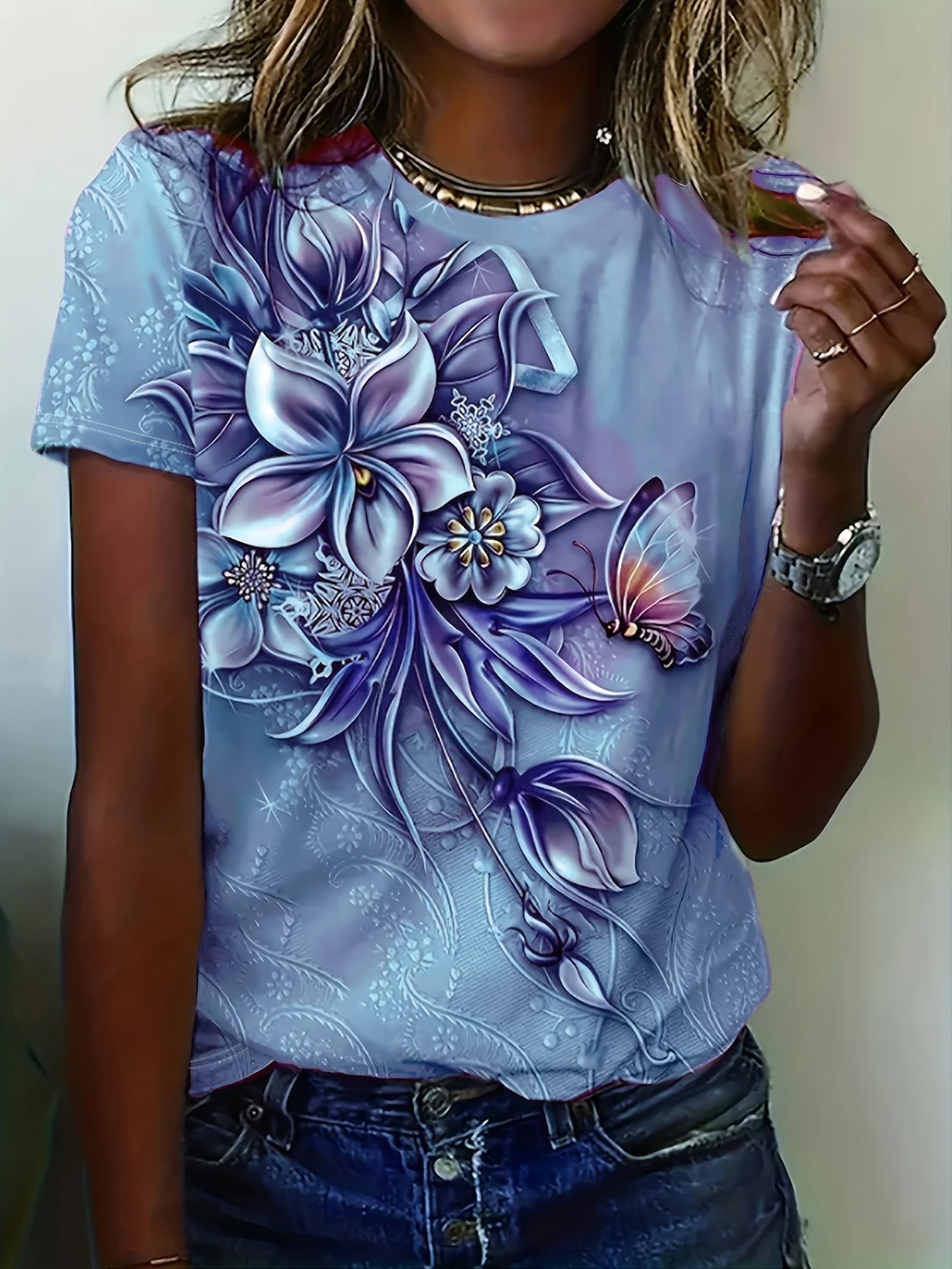 Women's Short Sleeve T-shirt Summer Green Floral Printing Crew Neck Daily Going Out Casual Top