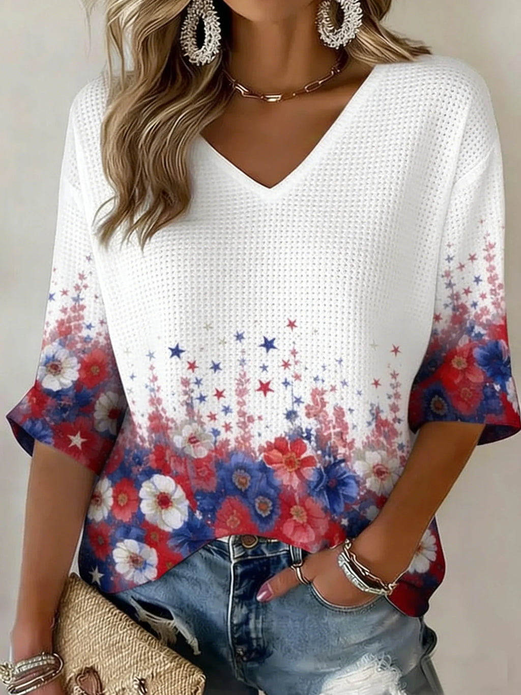 3D Printing V Neck America Flag Floral 250th Anniversary Spring Summer Casual T-Shirt