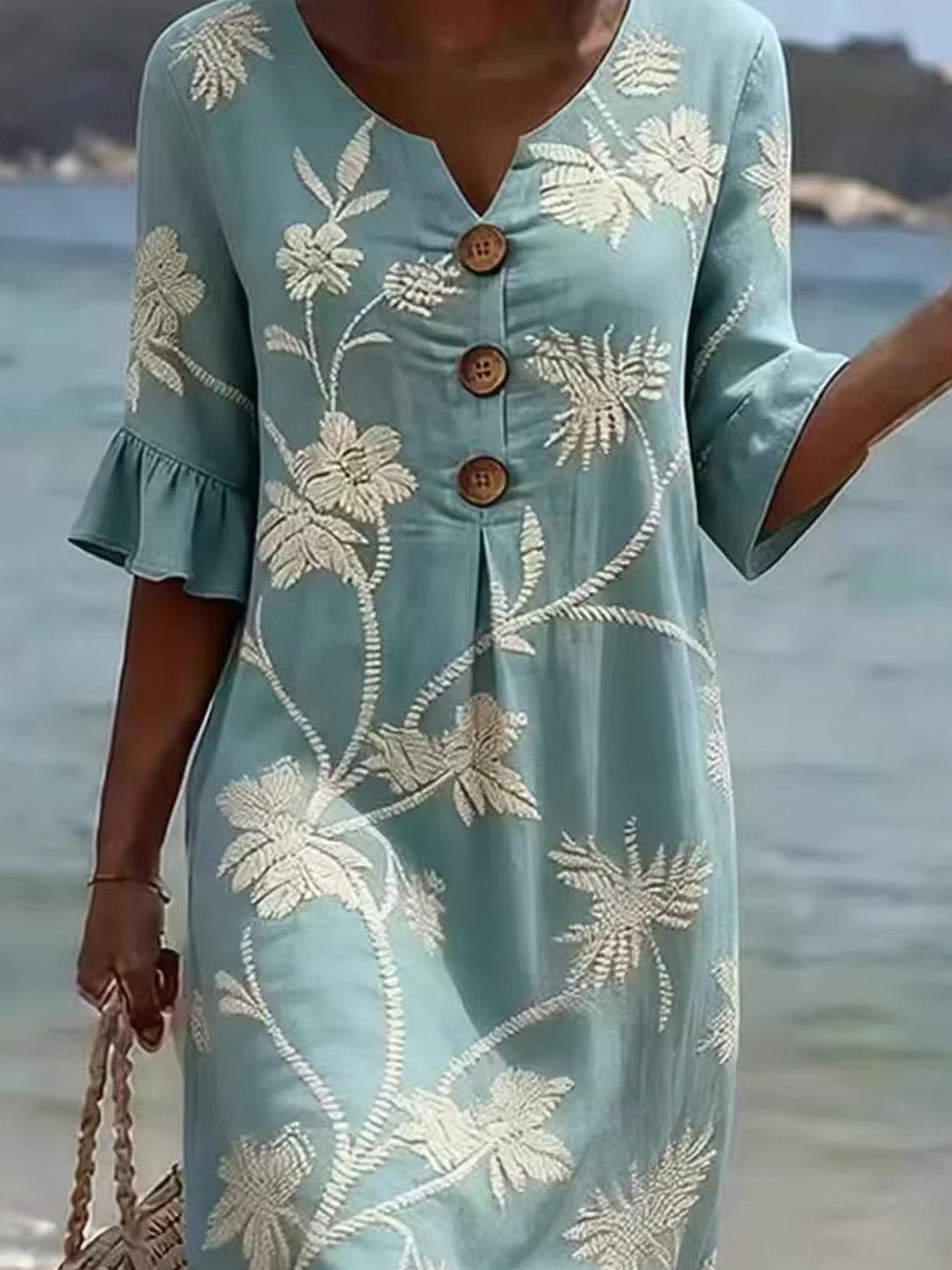 Floral Printed V Neck Short Sleeve Button A-Line Summer Casual Midi Dress