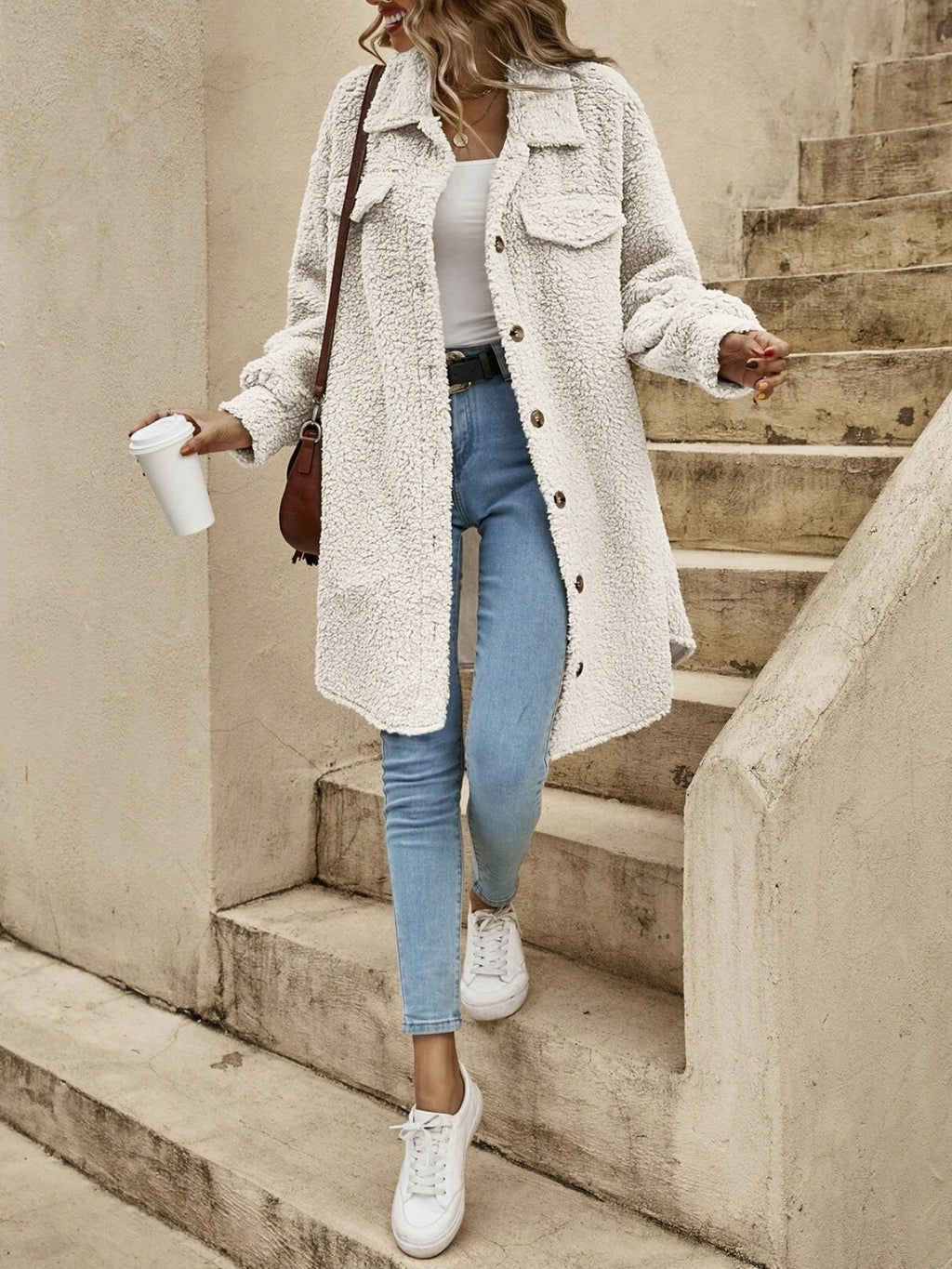 Fluff/Granular Fleece Fabric Plain Shawl Collar Elegant Coat