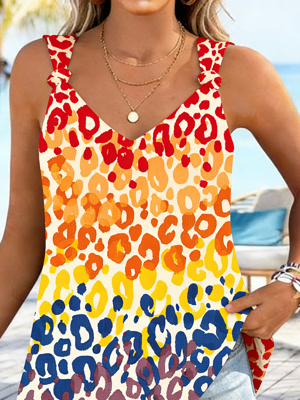 Women's Tummy Coverage Colorful Leopard Print V Neck Vacation Tank Top
