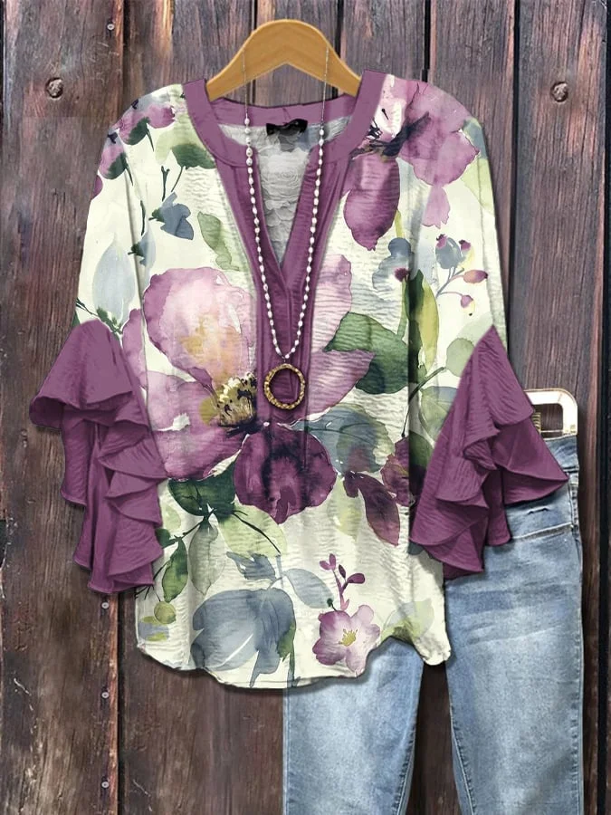 Women's Half Sleeve Shirt Summer Purple Floral Printing V Neck Daily Going Out Casual Top