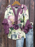 Women's Half Sleeve Shirt Summer Purple Floral Printing V Neck Daily Going Out Casual Top