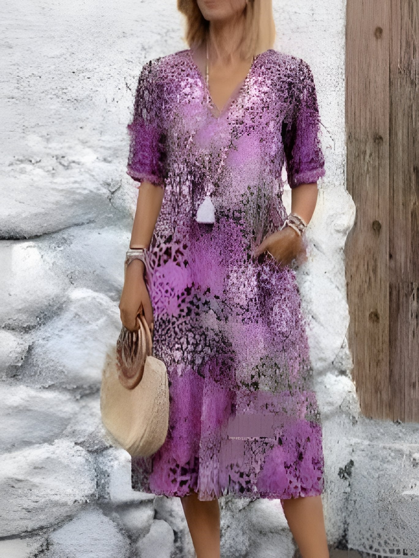 Women's Short Sleeve Summer Khaki Floral Split Joint V Neck Daily Going Out Vintage Maxi A-Line T-Shirt Dress Dress