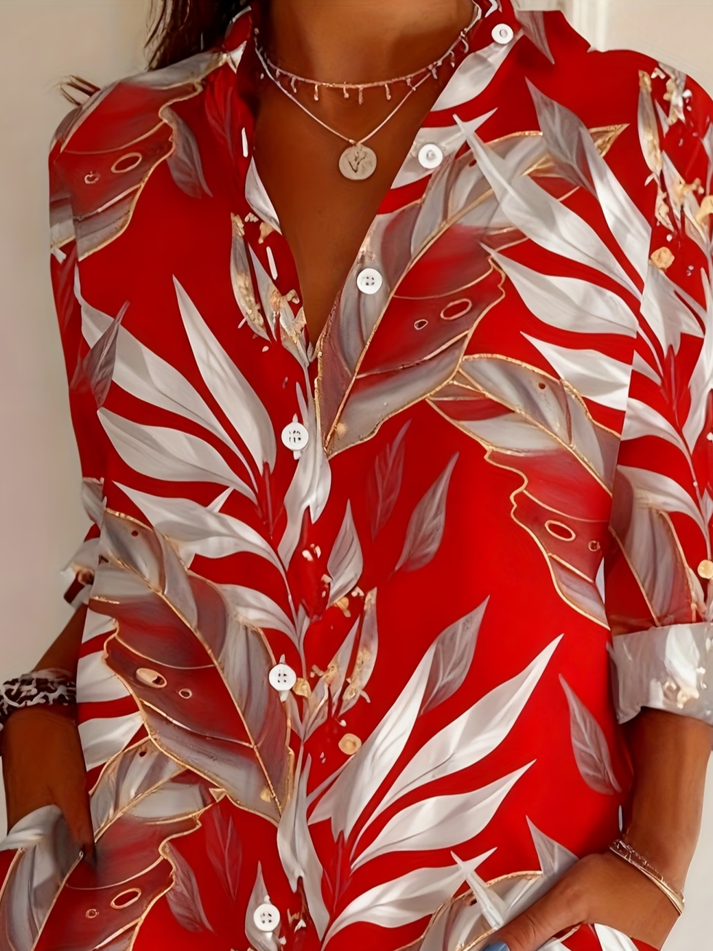 Women's Long Sleeve Shirt Spring/Fall Red Plants Buckle Shirt Collar Daily Going Out Casual Top