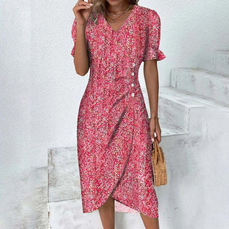 Ditsy Floral Puff Sleeve Wrap Midi Dress Elegant V Neck Summer Dress