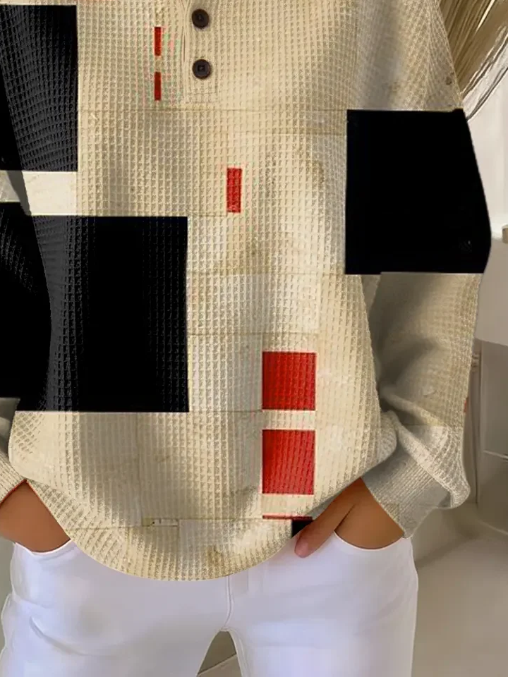 Women's Abstract Print Button-Up Casual Waffle Knit Sweatshirt