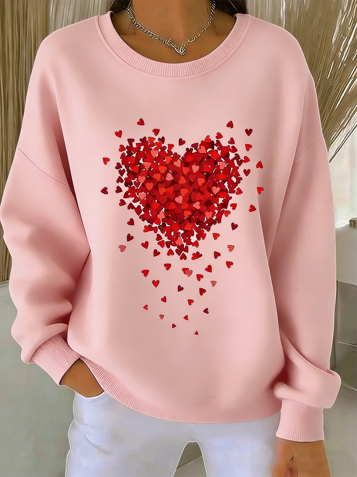Valentine's Day Crew Neck Simple Cotton-Blend Sweatshirt