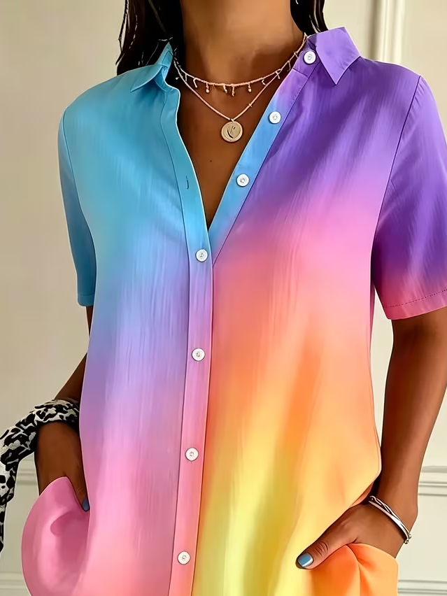 Women's Short Sleeve Shirt Summer As Picture Ombre Printing Shirt Collar Daily Going Out Casual Top