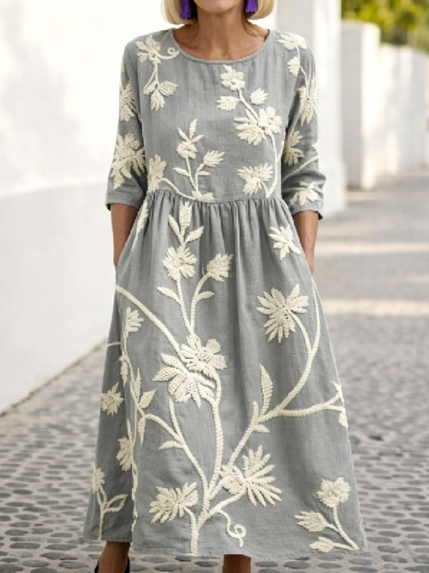 Women's As Picture 3D Printing Floral Printed Casual Crew Neck Cotton-Blend Casual Midi Dress