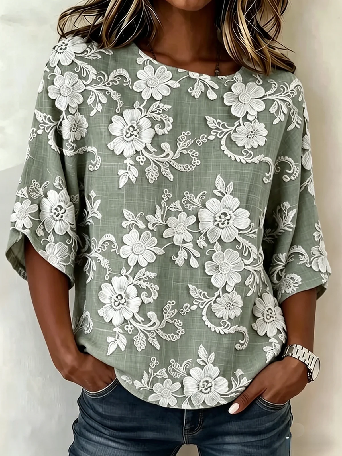 Light Brown 3D Flower Print Round Neck 3/4 Sleeve Blouse