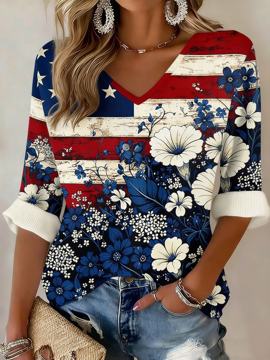 3D Printing V Neck America Flag Floral 250th Anniversary Spring Summer Casual T-Shirt