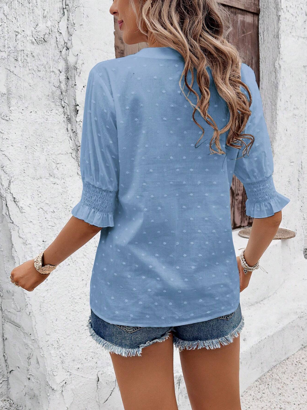Embroidery Patterns V Neck Puff Short Sleeve Casual Blouse