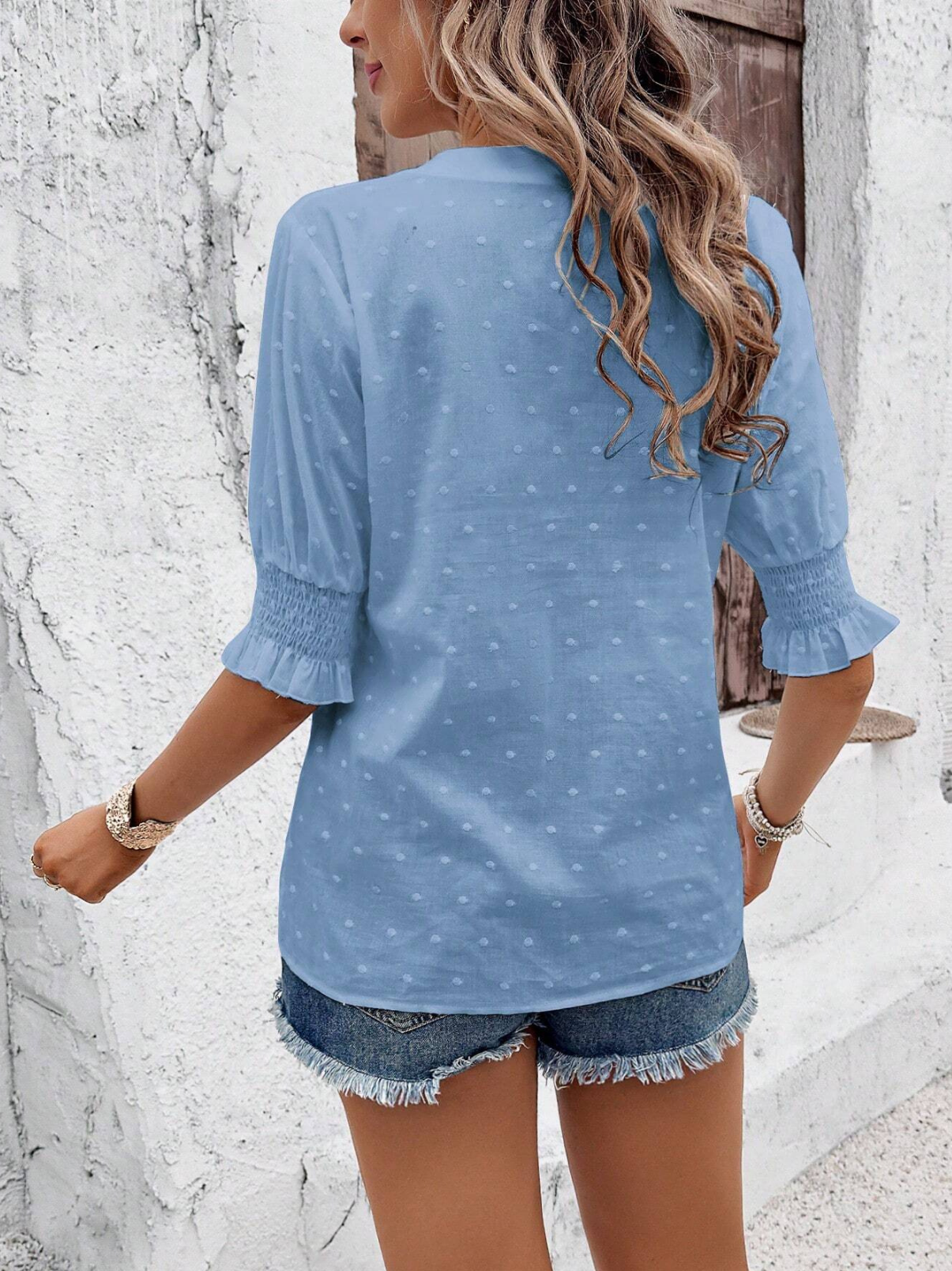 Embroidery Patterns V Neck Puff Short Sleeve Casual Blouse