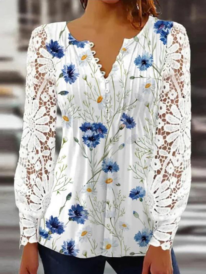 Lace Casual Loose V Neck Jersey Blouse