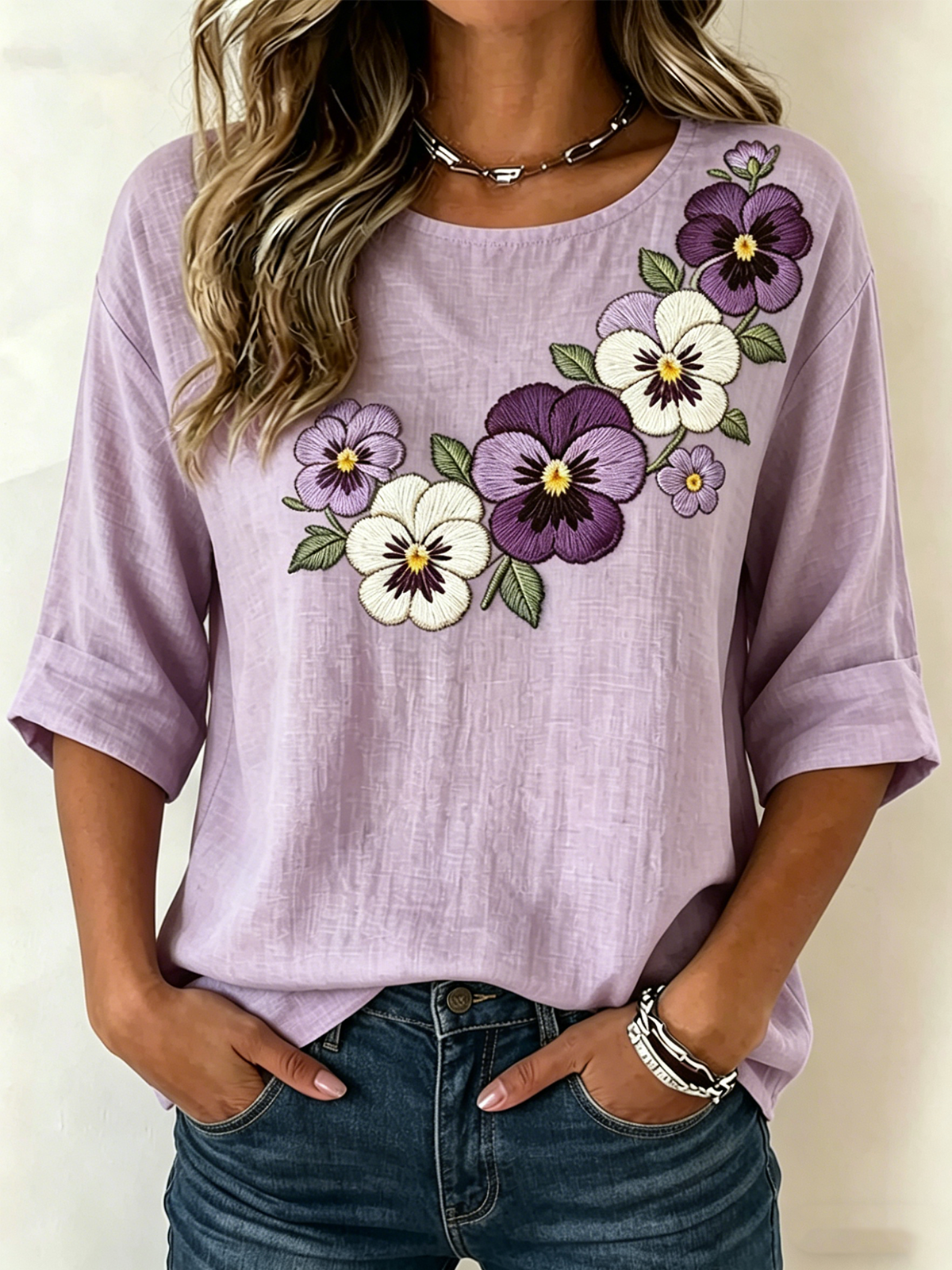 Elegant Cotton And Linen Floral Crew Neck Shirt