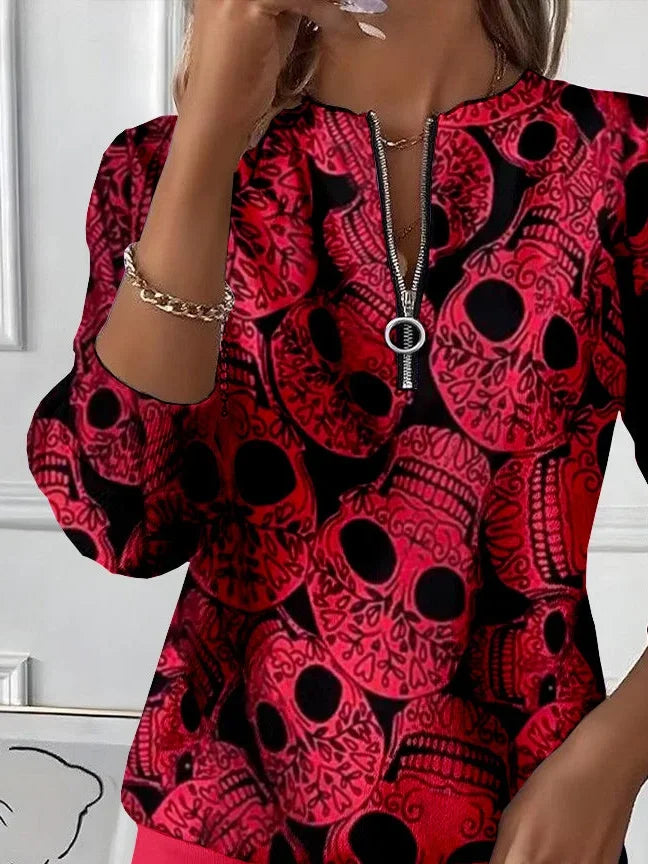 Women's Halloween Skull Print Casual Zipper Neck Long Sleeve Sweatshirt