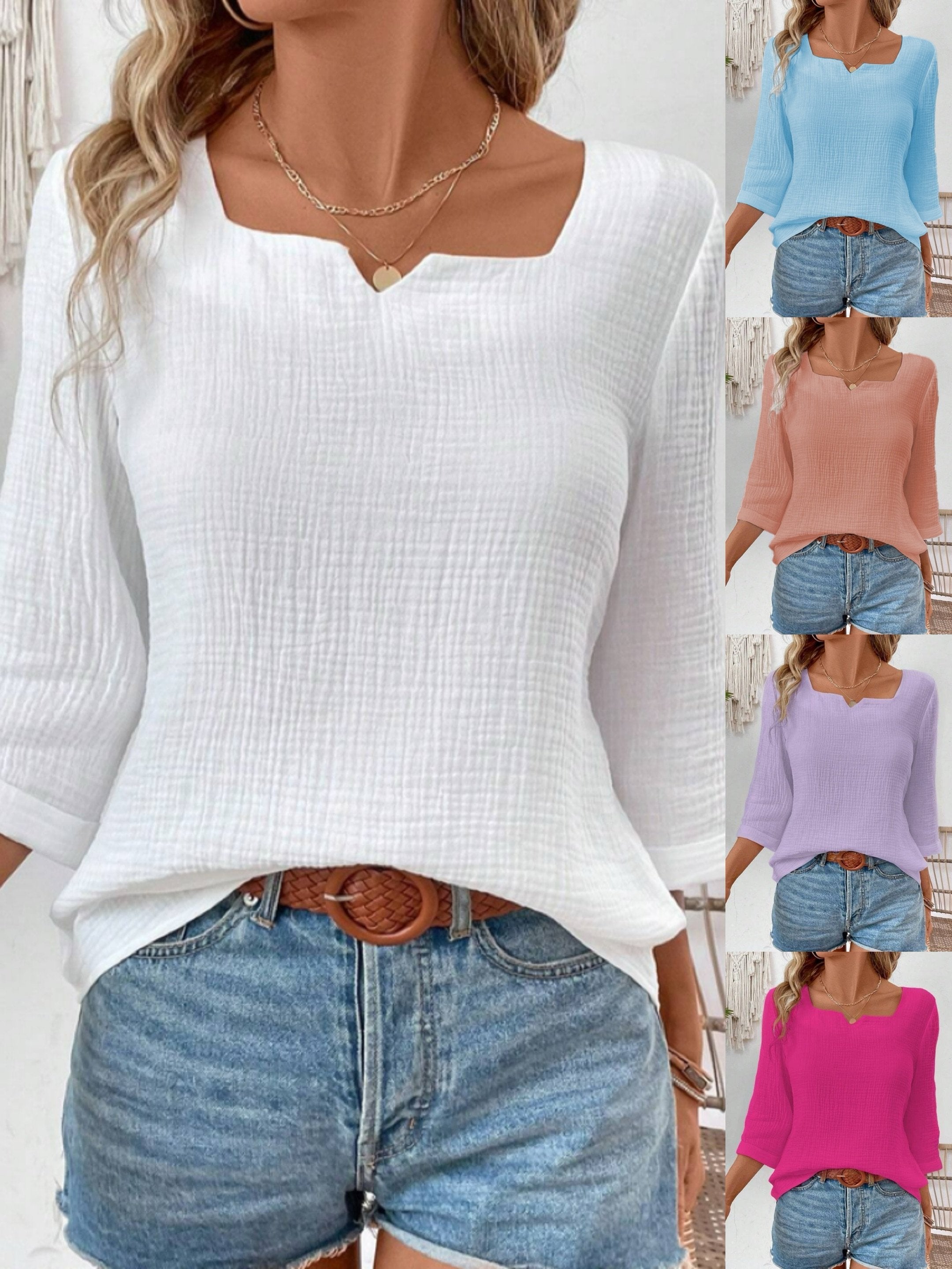Women's 3/4 Sleeve Summer Blouse Plain Cotton Square Neck Notched Daily Going Out Simple Top Spring/Fall White
